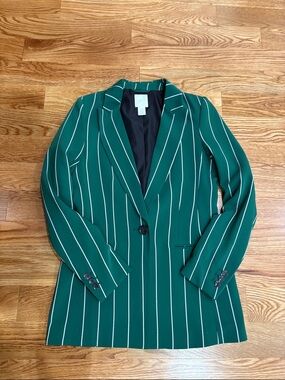 H&M women’s green blazer jacket with stripes white blk NWOT pockets size 2